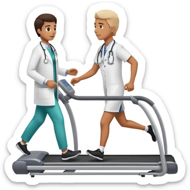 patient walking on a treadmill, doctor observing from the side, heart monitor visible sticker