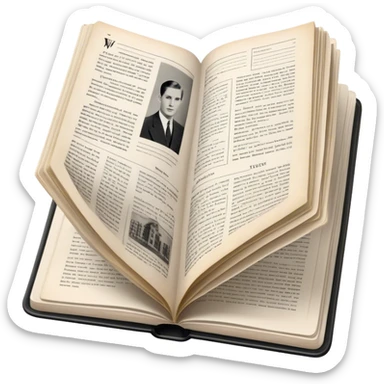 Icon for Non-Fiction & Narrative Reading: an open book with historical facts and narrative text on the pages, featuring black-and-white photos, news clippings, and an open folder with top-secret documents. Transparent background. sticker