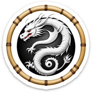 An icon symbolizing Eastern martial arts in the style of an emblem, with a black-and-white Yin-Yang symbol at the center. A dragon is placed on either side, representing strength and wisdom. The design includes bamboo and traditional elements. Transparent background sticker