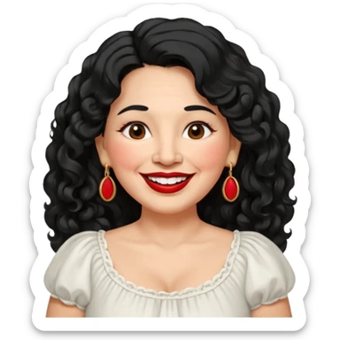 60 yr old Mexican woman, slightly chubby, wavy/curly long black hair, red lipstick, big smile, white teeth, brown eyes, hoop earings, side part to hair, round face, pretty white dress, hair side swept, big hoop earing sticker