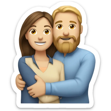 Two brunette white women hugging a brunette white male with a beard sticker