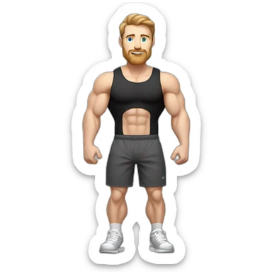 Full height Pale skinned fit man With biceps, Realistic eyes and mouth, light brown hair and stubble In dark gray sleeveless mike, black oversize sports shorts, watch and white sneakers. sticker