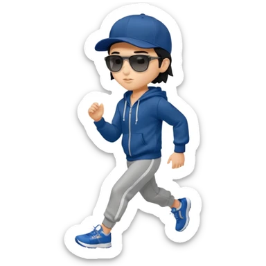 generate a fair pretty bratz boy wearing a dark blue baseball cap with black sunglasses and a grey hoodie jogging

hair black  sticker