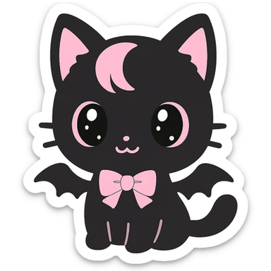 kawaii style magical gothic cat inspired by BLACKPINK, adorable face, black fur with pink highlights, big eyes, tiny bat wings, fun and stylish sticker