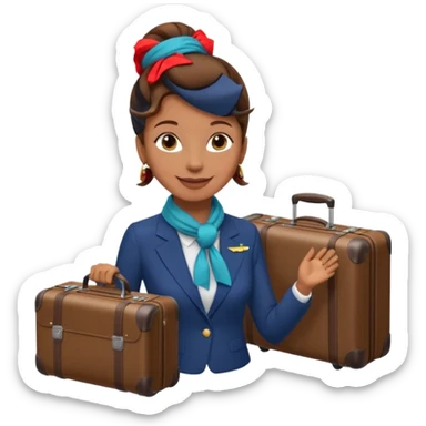 flight attendant, Light Brown skin, brown hair in single bun, neck scarf, suitcase sticker