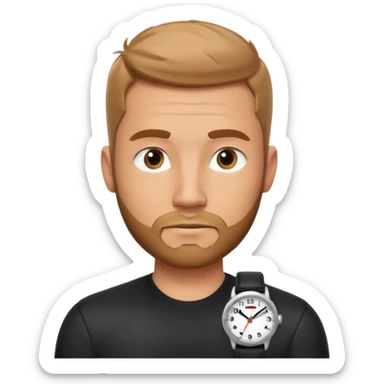 bearded man wearing a black strap watch portrait, head and shoulders only, oval face, short beard, relaxed confident look, black leather strap watch visible, 3D cartoon, mobile game icon style, clean background, no text, no watermark
 sticker