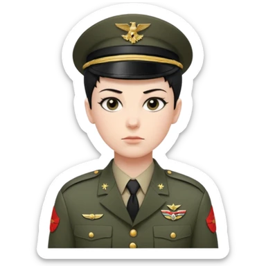 short black neat hair, sharp dark gray eyes, pale skin, serious expression, wearing military uniform, upright posture, minimal accessories, sharp and precise styleDog wizard sticker