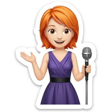 singer, Middle age, orange hair, happy, holding mic, wearing dress sticker