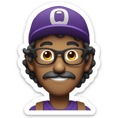 Brown skinned man wearing backwards cap with glasses and a scraggly mustache like waluigi sticker
