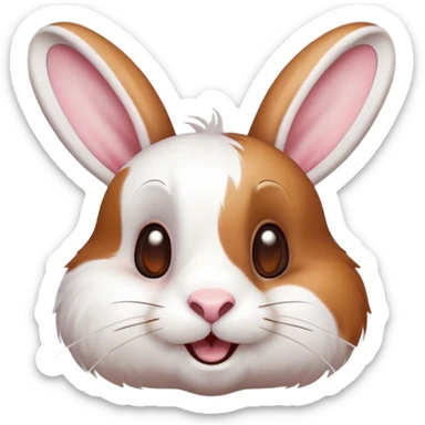 Cinematic Comical White and Brown Rabbit Portrait Emoji, Head tilted dramatically with an exaggeratedly amused expression, featuring a striking fur with a playful mix of white and brown patches, wide, expressive eyes filled with playful disbelief, Simplified yet hilariously expressive features, highly detailed, glowing with a slightly sassy glow, high shine, dramatic yet playful, stylized with an air of cheeky mischief, bright and endearing, soft glowing outline, capturing the essence of a spirited and over-the-top bunny, so meme-worthy it feels like it could side-eye its way into internet fame instantly! sticker