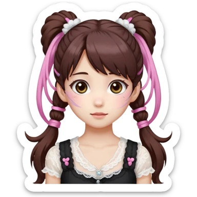 jirai kei, девушка с длинными темно каштановыми волосами и несколько розовых прядей по всей голове в разных местах, прическа два высоких хвоста заплетённые пушистыми белыми резинками. милое лицо. с sticker