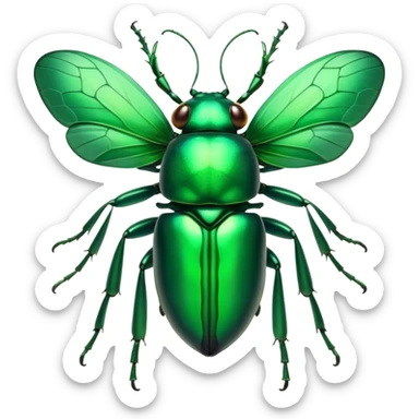 Cinematic Noble Green Bugdie Portrait Emoji, Poised and regal, with a tiny, delicate build and a vibrant, well-detailed emerald exoskeleton, deep-set soulful multifaceted eyes, Simplified yet sharp and sophisticated features, highly detailed, glowing with a soft, dignified glow, high shine, intelligent and alert, stylized with an air of miniature majesty, focused and attentive, soft glowing outline, capturing the essence of a watchful and confident insect, so majestic it feels as though it could scuttle out of the screen with effortless authority! sticker