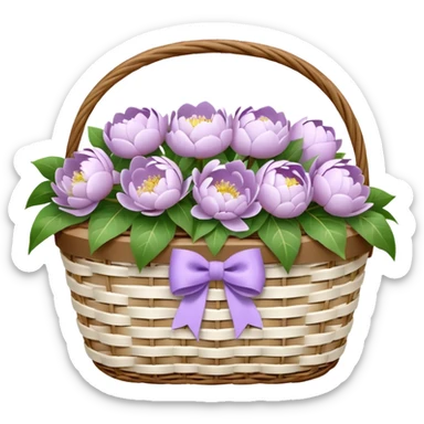White Picnic basket with lilac bow and white peonies inside sticker