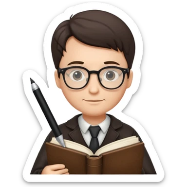 writer holding big pen and book, wearing glasses , zoom out sticker