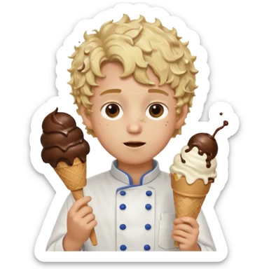 boy blonde curly hair, chef, eating big chocolate ice cream sticker