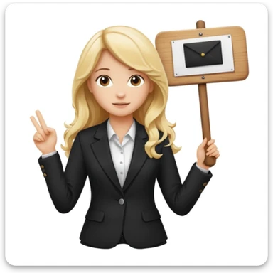 Blonde long wavy hair girl with black office blazer holding a wooden board with a sign 10/10 sticker