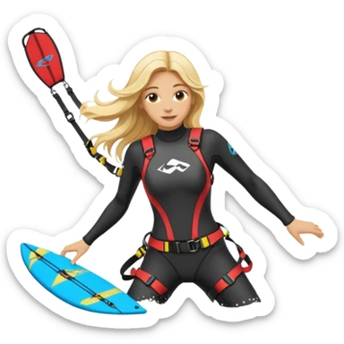 Blonde long haired ladie Kitesurfing with harness sticker