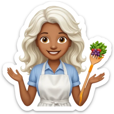 woman, brown skin, white long wavy hair, with apron sticker