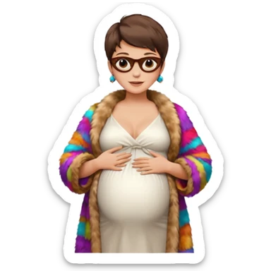 pregnant stylish woman with short pixie brunette hair happily touching her big belly while wearing white dress and fancy brown fur coat and colorful shades sticker