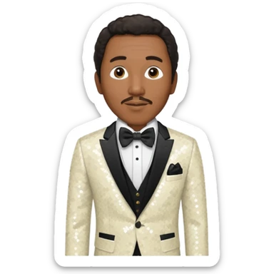 Smokey Robinson with long dark brown hair and short mustache, ivory sequin suit with bow tie  sticker