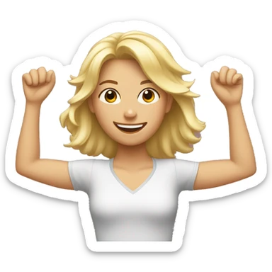 Blonde Girl with both hands in the air. Happy, frontal view above waist only. Enjoying sticker