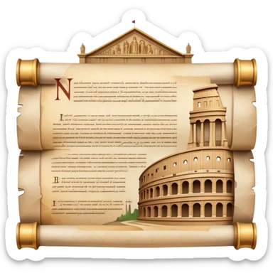 An icon featuring an ancient scroll, surrounded by famous historical landmarks and statues of notable figures, like the Colosseum or Napoleon. The design symbolizes the exploration of history through monuments and people. Transparent background highlights the pas sticker