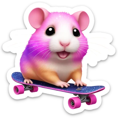 Pink ombre hamster riding a skateboard with glitter sticker