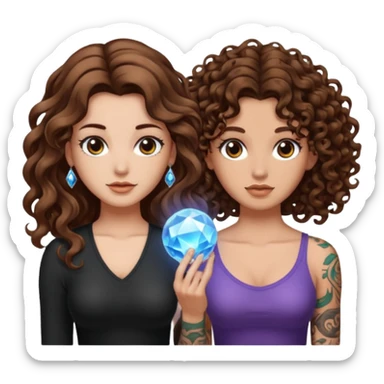crystal orb realization — long wavy brown hair tattooed woman and short tight curly brown hair woman — glow sticker