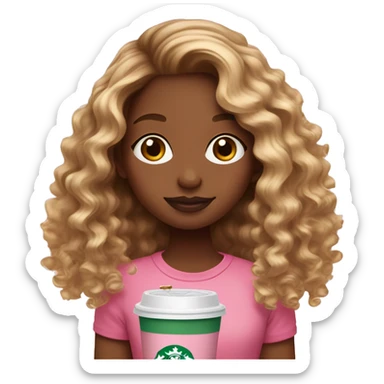 girl with brown and blonde ombré long curly hair holding Pink starbucks refresher sticker