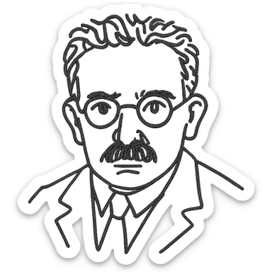 a hand drawn black outline portrait of Walter Benjamin with similar size eyes based a famous photograph of him sticker