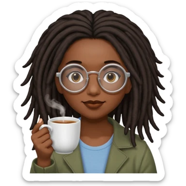 darker skin female with dark dreadlock hair wearing large round glasses sipping a cup of tea with her pinky out sticker