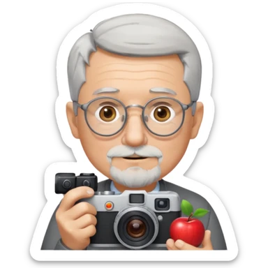 senior man with very short gray hair, very short gray beard, wearing round glasses, holding a camera, Apple emoji style sticker