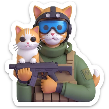 Man in tactical airsoft gear wearing protective goggles on face, holding a gun in one hand and a white and brown cat in the other hand sticker