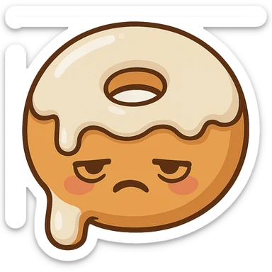 Make the donut's face look exhausted (not sad), and have the white creme dripping out of the donut hole. Keep the cartoon style, preserve transparency. sticker