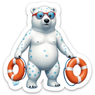 full body friendly anthropomorphised polar bear wearing polka dot swim shorts and swim goggles, standing in a puddle and holding a life buoy sticker