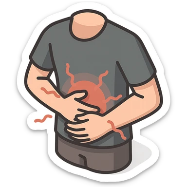 torso of a little person holding a painful stomach, grimacing in pain, pain waves around, 2d isometric style, detailed shadows and highlights, no face below the waist, only torso, stomach, and arms, transparent background sticker