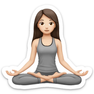 a brunette girl doing yoga, she is wearing a grey fit and she has dark brown long, straight and loose hair.  sticker