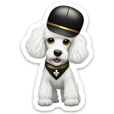 White poodle wearing a black football helmet with gold stripe and gold fleur de lis emblem sticker