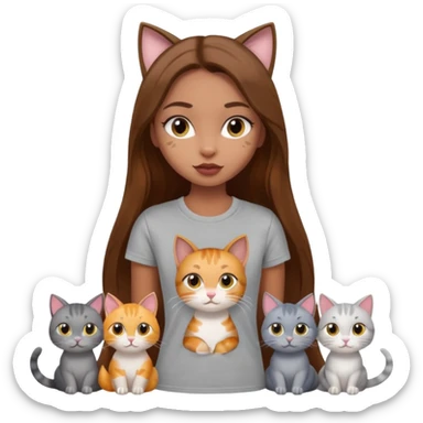 a pretty bratz dusky girl with long brown hair with six cats nd wearing a grey tshirt sticker