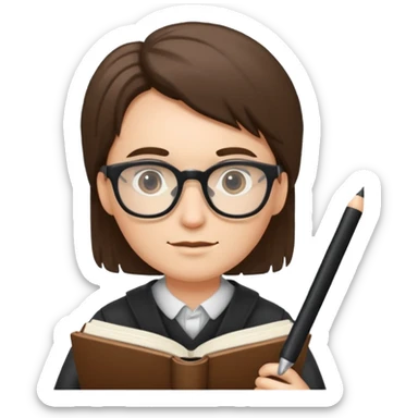 writer holding big pen and book, wearing glasses sticker