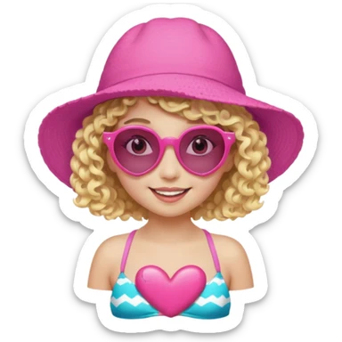 smiling young girl, short curly blonde hair, white skin, pink floppy hat, heart-shaped sunglasses, colorful bikini sticker