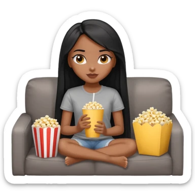 a pretty bratz dusky girl with long straight hair on a couch with popcorn nd wearing a grey tshirt sticker