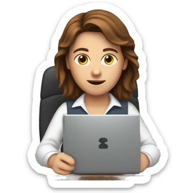 Brown-haired person working on a computer and holding a pencil  sticker