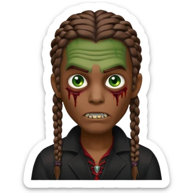 Glued braids men zombie with brown hair color and green eye color, with dark vampire clothes, brown skin sticker