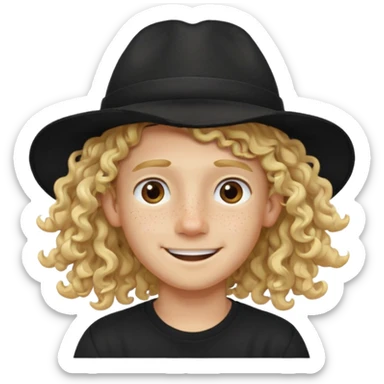 blonde boy with long curly hair past his hears and a LA hat, smiling, wearing a black shirt with freckles sticker