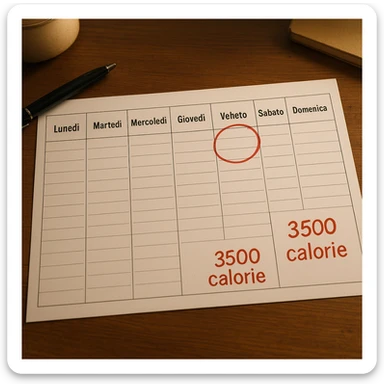 A hyperrealistic weekly calendar viewed from above in Italian, showing days from Monday to Sunday. Friday is circled in red. Below both Saturday and Sunday, the text '3500 calorie' is in red and bold. The image has 4K details and a desk atmosphere. sticker