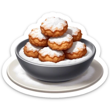 Buñuelo Cinematic Realistic Buñuelo Dessert Emoji, depicted as perfectly round, fluffy fritters served in a small bowl with a dusting of powdered sugar, rendered with vibrant textures and warm, inviting lighting. sticker