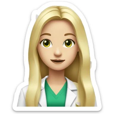 white young girl with blonde long flat hair green eyes working in a pharmacy sticker