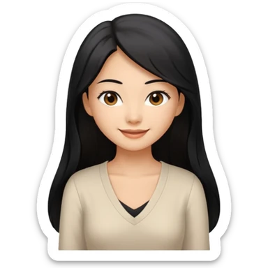 medium tan asian woman with long black hair past middle of back, round brwn eyes, white v neck blouse smiling. sticker