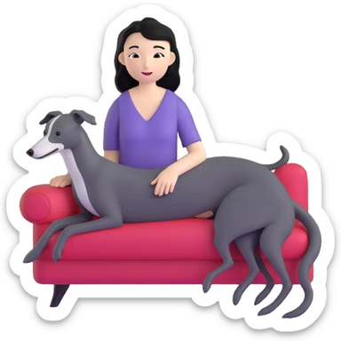 Very thin Chinese woman with long black hair relaxing in a luxurious hotel suite with exactly ONE whippet dog. EXTREME IMPORTANCE: the whippet must be ONE SOLID VERY DARK CHARCOAL GREY COLOR from nose to tail with ABSOLUTELY NO WHITE MARKINGS anywhere - NO white on face, NO white on muzzle, NO white on chest, NO white on paws, NO white on tail - NOTHING BUT A SINGLE SHADE OF VERY DARK GREY throughout the entire animal sticker